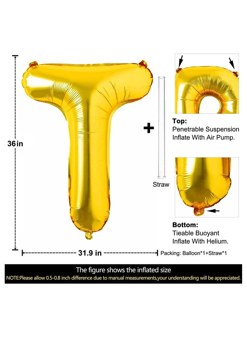 جولد إيدج بالونات هيليوم كبيرة من رقائق معدنية على شكل حرف T باللون الذهبي مقاس 32 بوصة، بالون مايلر كبير واحد، مستلزمات تزيين حفلات أعياد الميلاد وحفلات استقبال المولود الجديد (حرف T ذهبي) - Image 2