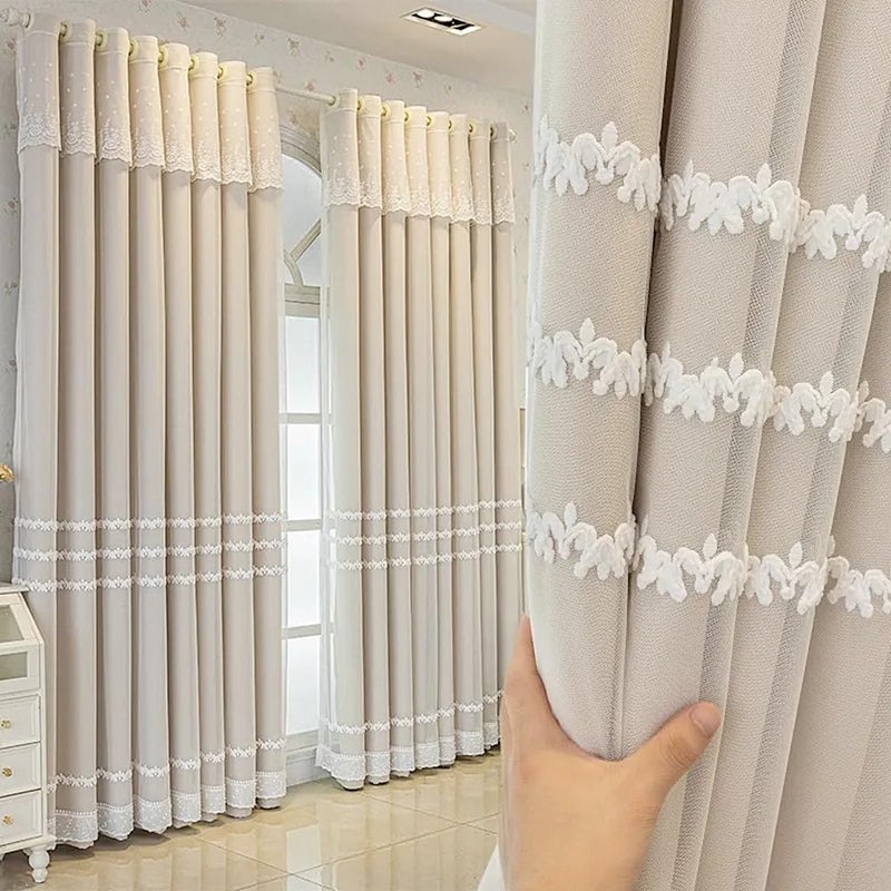 Amidoudou 1 Pair Double Layer Striped Curtains for Girls Room Living Room Embroidered Curtains with Valance for Bedroom (Beige,54x96 Inch) - Image 1