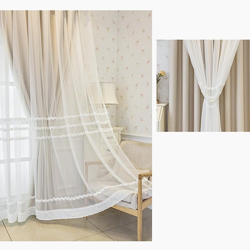 Amidoudou 1 Pair Double Layer Striped Curtains for Girls Room Living Room Embroidered Curtains with Valance for Bedroom (Beige,54x96 Inch) - Image 3