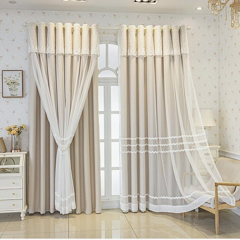 Amidoudou 1 Pair Double Layer Striped Curtains for Girls Room Living Room Embroidered Curtains with Valance for Bedroom (Beige,54x96 Inch) - Image 2