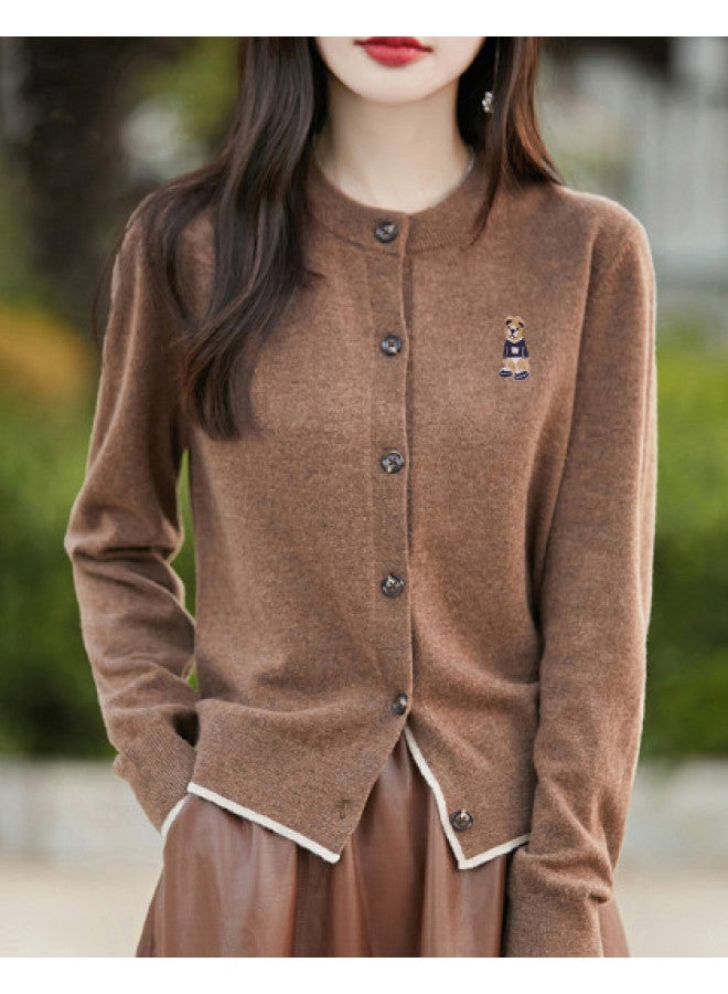 XINYANG Bear Embroidered Round Neck Knit Cardigan Women'S 2025 Early Autumn Soft Academic Style Sweater Coat - Image 1