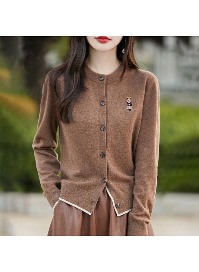 XINYANG Bear Embroidered Round Neck Knit Cardigan Women'S 2025 Early Autumn Soft Academic Style Sweater Coat - Image 2