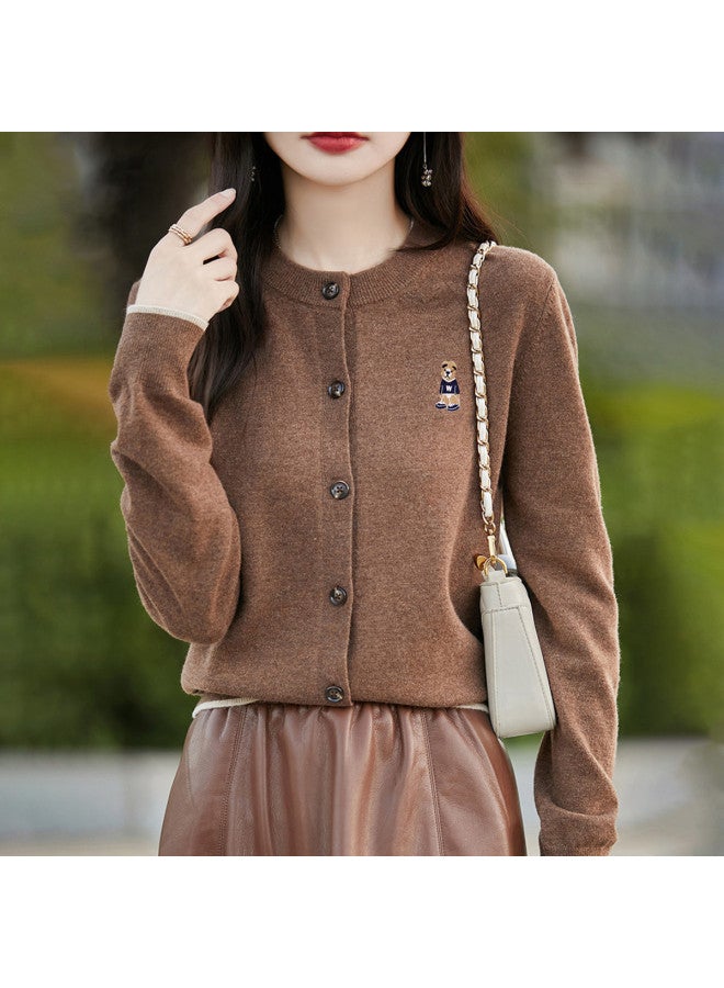 XINYANG Bear Embroidered Round Neck Knit Cardigan Women'S 2025 Early Autumn Soft Academic Style Sweater Coat - Image 4