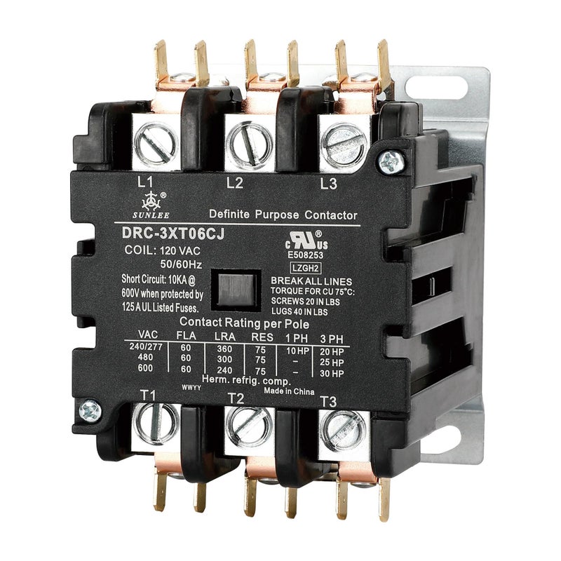 SUNLEE 60 Amp 75 RES 3 Pole 120v coil SunLee DP Contactor A2L Compliant UL Recognized Approved for UL 60335 HVAC Contactor 42EF35AF equivalent