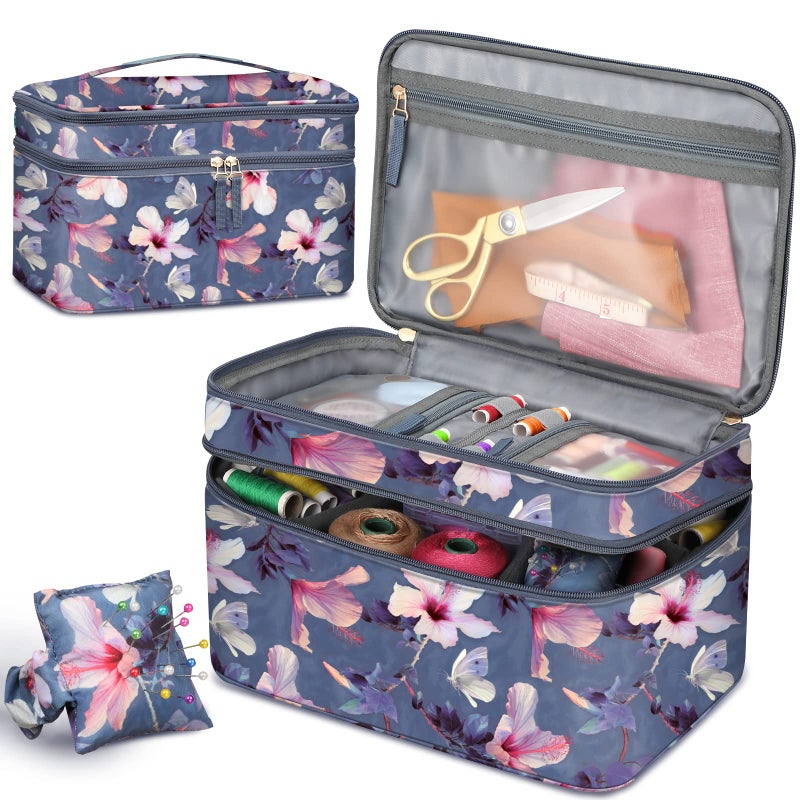 FINPAC Sewing Accessories Storage and Organizer Case DoubleLayer Sewing Kits Carrying Bag with Wrist Pin Cushion for Threads Needles Embroidery Floss Supplies Felting Kits Blooming Hibiscus - Image 2