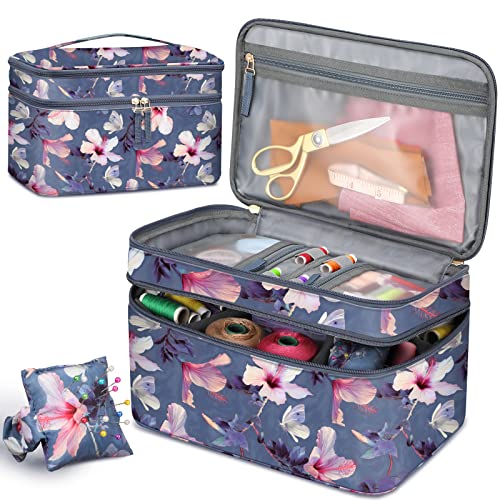 FINPAC Sewing Accessories Storage and Organizer Case DoubleLayer Sewing Kits Carrying Bag with Wrist Pin Cushion for Threads Needles Embroidery Floss Supplies Felting Kits Blooming Hibiscus - Image 1