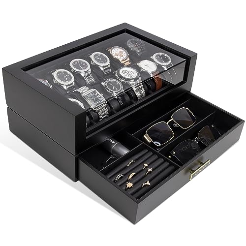 KAMIER High End Watch Box for Men, 12 Slot Wooden Watch Case With Drawer, Watch Display Box with Glass Lid, 2-Layer Watch Holder for Jewelry and Watch Storage for Men Women , Ideal for Gift (With Gift Box) - Image 1