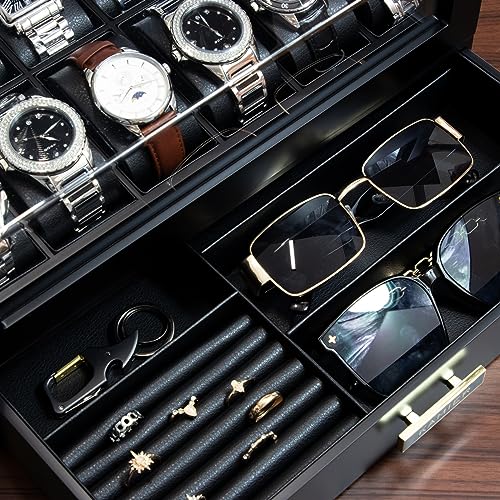 KAMIER High End Watch Box for Men, 12 Slot Wooden Watch Case With Drawer, Watch Display Box with Glass Lid, 2-Layer Watch Holder for Jewelry and Watch Storage for Men Women , Ideal for Gift (With Gift Box) - Image 5