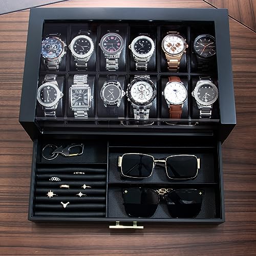 KAMIER High End Watch Box for Men, 12 Slot Wooden Watch Case With Drawer, Watch Display Box with Glass Lid, 2-Layer Watch Holder for Jewelry and Watch Storage for Men Women , Ideal for Gift (With Gift Box) - Image 4