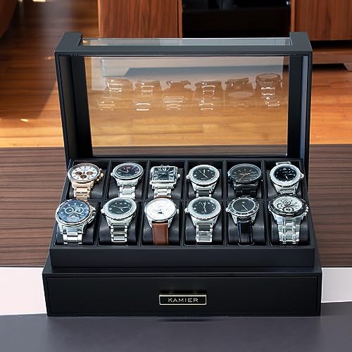 KAMIER High End Watch Box for Men, 12 Slot Wooden Watch Case With Drawer, Watch Display Box with Glass Lid, 2-Layer Watch Holder for Jewelry and Watch Storage for Men Women , Ideal for Gift (With Gift Box) - Image 3