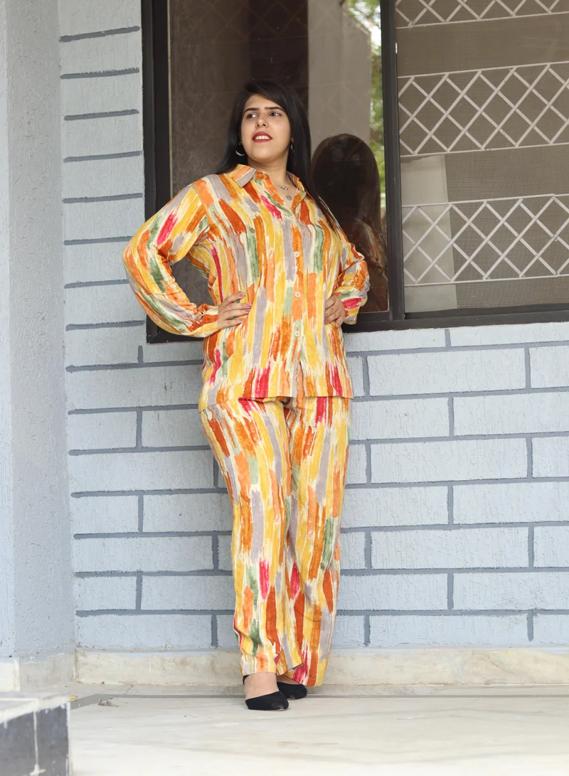 TUMMY 2 Pc Yellow Multicolor Printed Comfortable Fit Rayon Cotton Shirt & Pant Co-ord Set