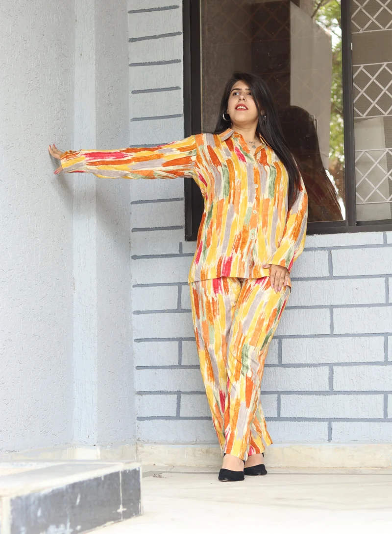 TUMMY TUMMY 2 Pc Yellow Multicolor Printed Comfortable Fit Rayon Cotton Shirt & Pant Co-ord Set
