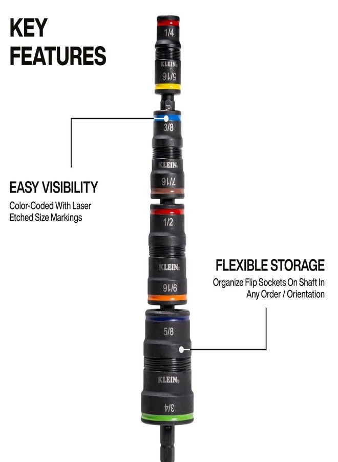 Klein Tools 32934 Impact Driver, 9-in-1 SAE Impact Socket Set, 4 Flip Sockets with 1/4, 5/16, 3/8, 7/16, 1/2, 9/16, 5/8, and 3/4-Inch Nut Driver Sizes with Bit Holder, 6-1/2-Inch Shaft - Image 3