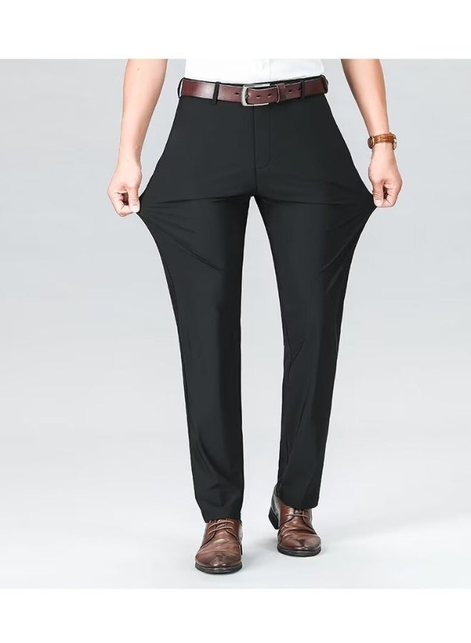 Men's Black Slim-Fit Ankle-Length Casual Pants with Elastic Waist, Lightweight & No-Iron - Image 1