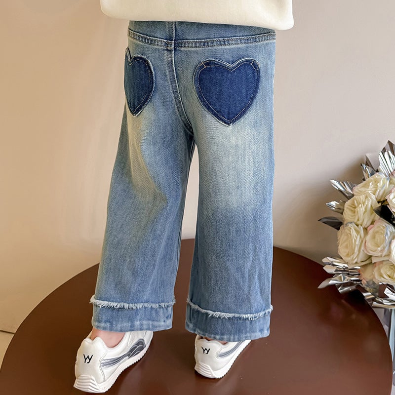 Girls Back Pocket Love Straight Pants Fashion Little Girl Jeans Children'S Trousers - Image 5