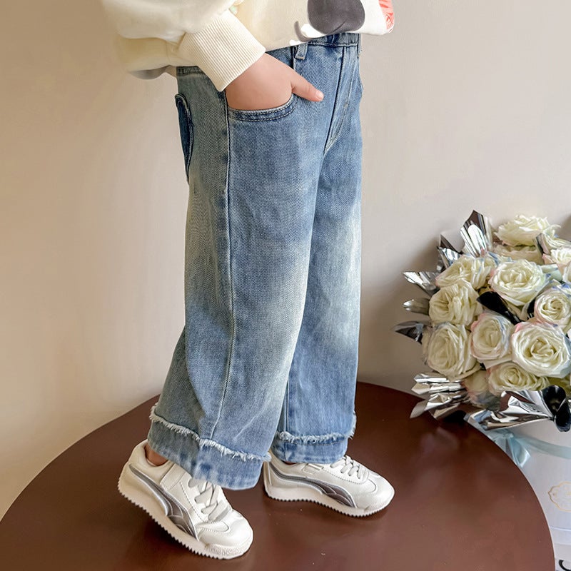 Girls Back Pocket Love Straight Pants Fashion Little Girl Jeans Children'S Trousers - Image 1