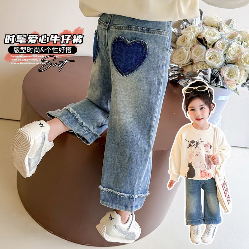 Girls Back Pocket Love Straight Pants Fashion Little Girl Jeans Children'S Trousers - Image 4