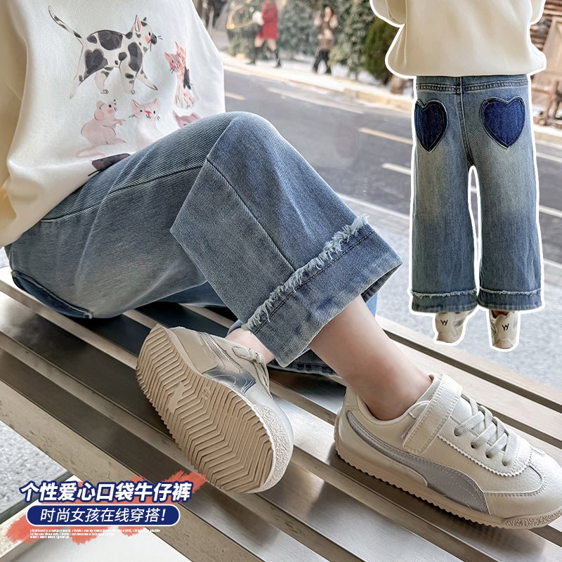 Girls Back Pocket Love Straight Pants Fashion Little Girl Jeans Children'S Trousers - Image 2