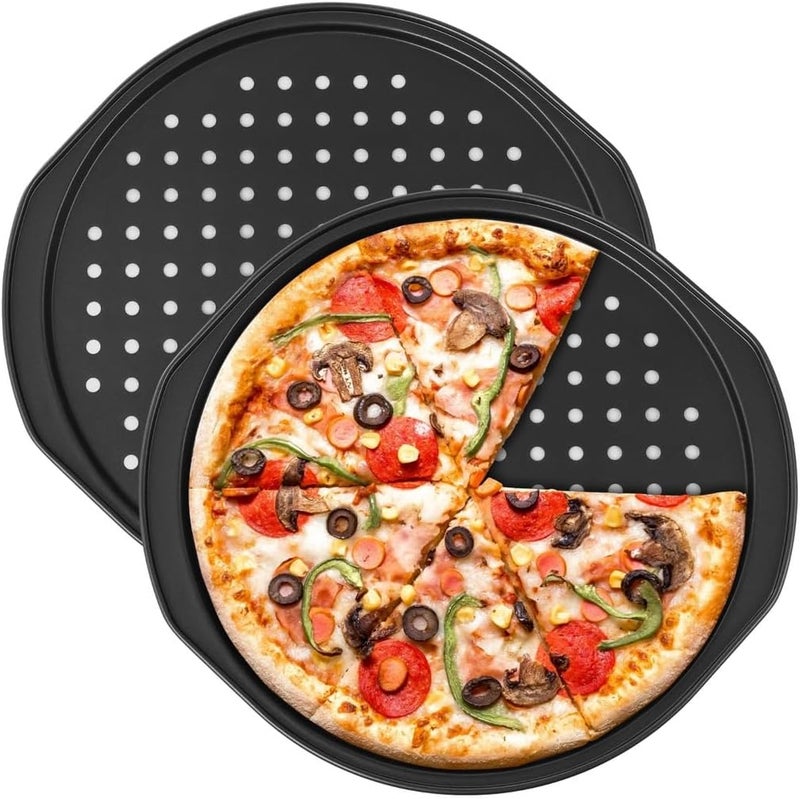 2-Pack 14-Inch Pizza Crisper Pans, Non-Stick Carbon Steel with Handles, Perforated Baking Trays for Even, Crispy Pizza - Image 1