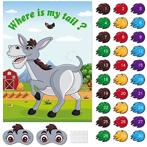 ASTARON Pin The Tail on The Donkey Game with 30 Tail Stickers for Birthday Party Carnival Circus Supplies - Image 1