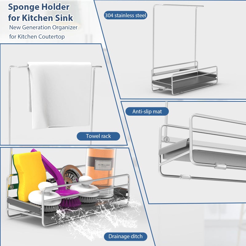 KABUM 304 Stainless Steel Sponge Holder with Towel Rack for Kitchen Sink, Sink Caddy with 4 Non-Slip Silicone Pads, Kitchen Essential Countertop Storage & Organization, Rustproof 304 Stainless Steel - Image 4