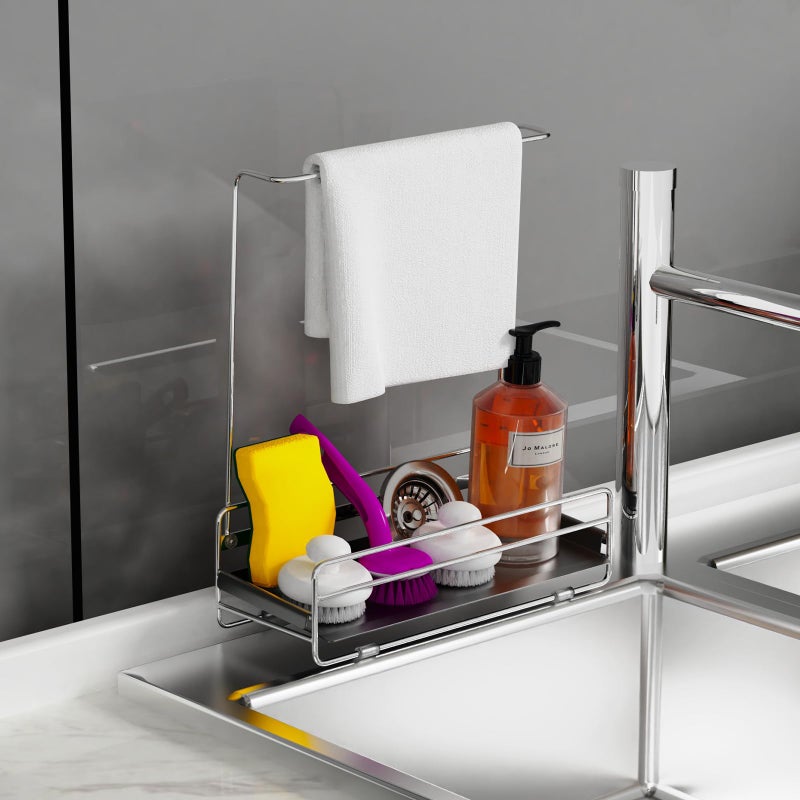KABUM 304 Stainless Steel Sponge Holder with Towel Rack for Kitchen Sink, Sink Caddy with 4 Non-Slip Silicone Pads, Kitchen Essential Countertop Storage & Organization, Rustproof 304 Stainless Steel - Image 1