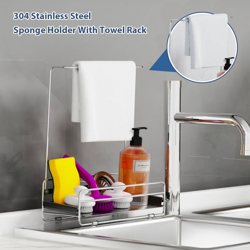 KABUM 304 Stainless Steel Sponge Holder with Towel Rack for Kitchen Sink, Sink Caddy with 4 Non-Slip Silicone Pads, Kitchen Essential Countertop Storage & Organization, Rustproof 304 Stainless Steel - Image 2