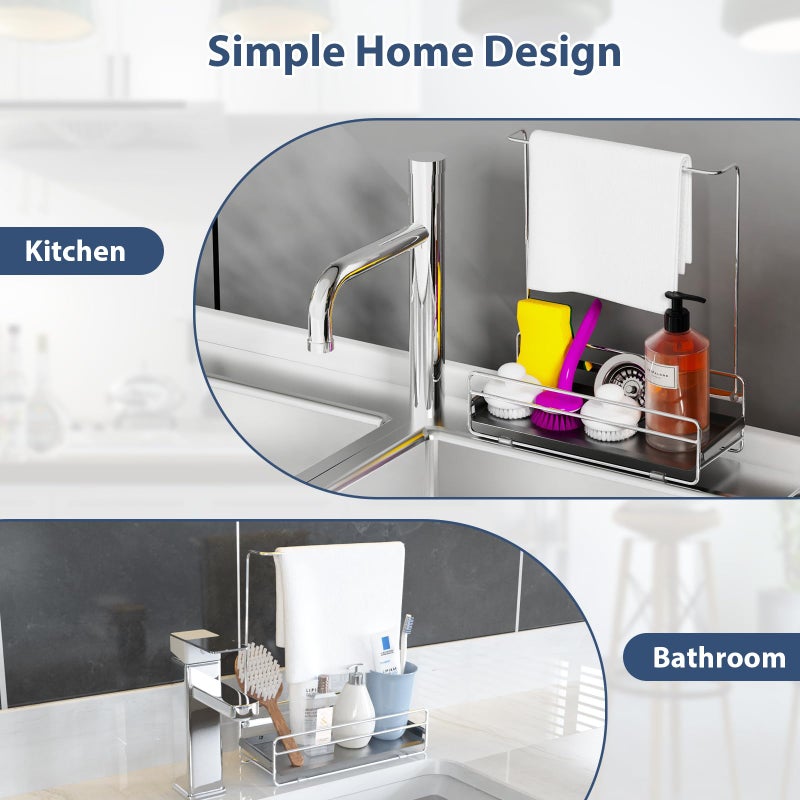 KABUM 304 Stainless Steel Sponge Holder with Towel Rack for Kitchen Sink, Sink Caddy with 4 Non-Slip Silicone Pads, Kitchen Essential Countertop Storage & Organization, Rustproof 304 Stainless Steel - Image 5