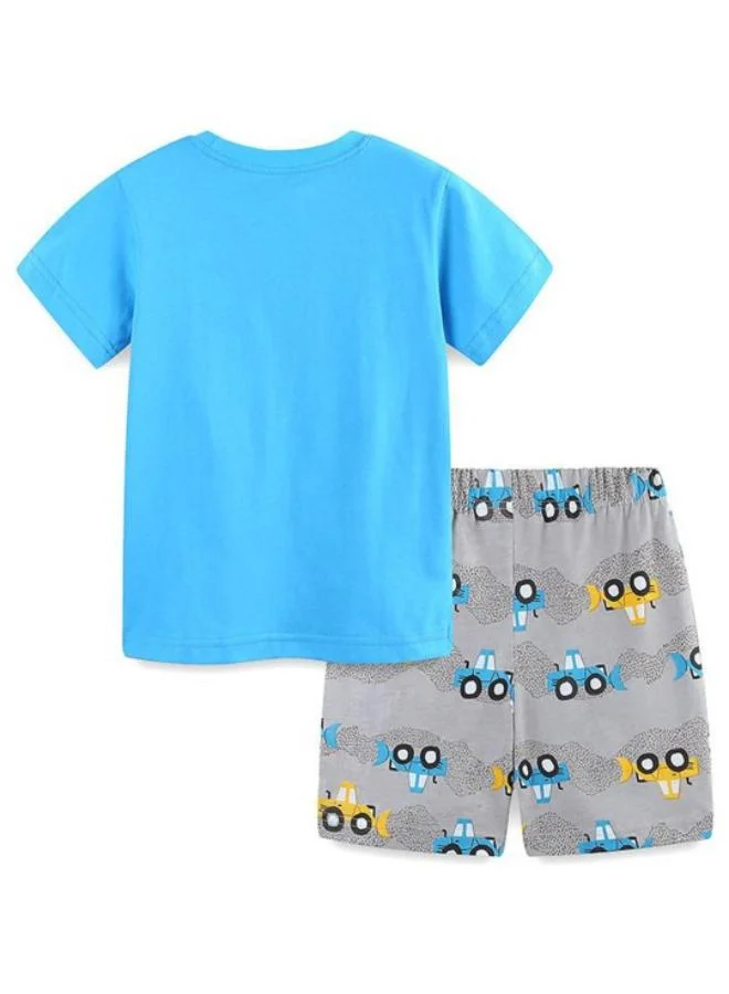 يونيكي Blue Crew Neck Short Sleeve Printed Tshirt & Shorts