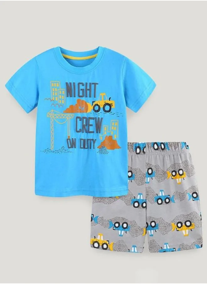 يونيكي Blue Crew Neck Short Sleeve Printed Tshirt & Shorts