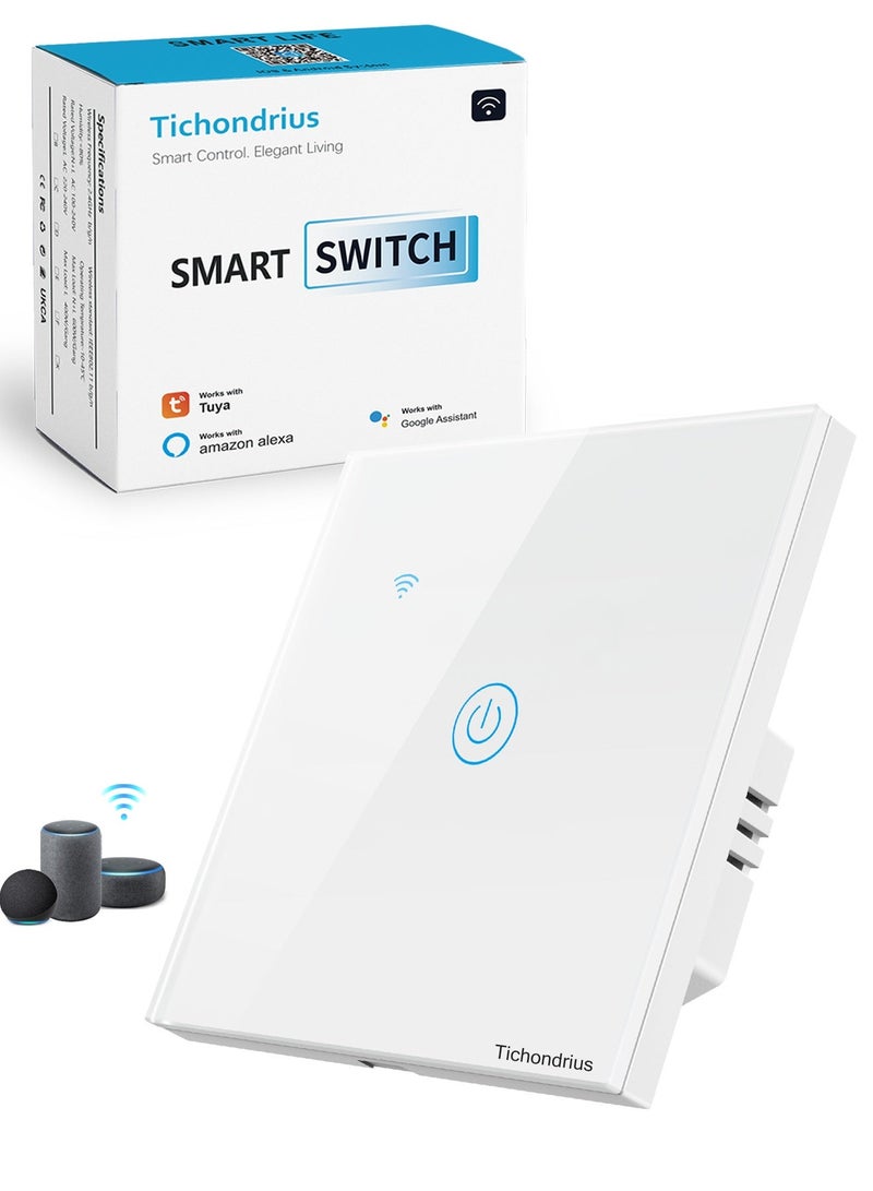 Tichondrius WiFi Smart Wall Light Switch, Compatible with Alexa and Google Home, Tuya APP Remote Control, No Neutral Wire Required, No Hub Required, Timing Function, Voice Control （White-1gang） - Image 1