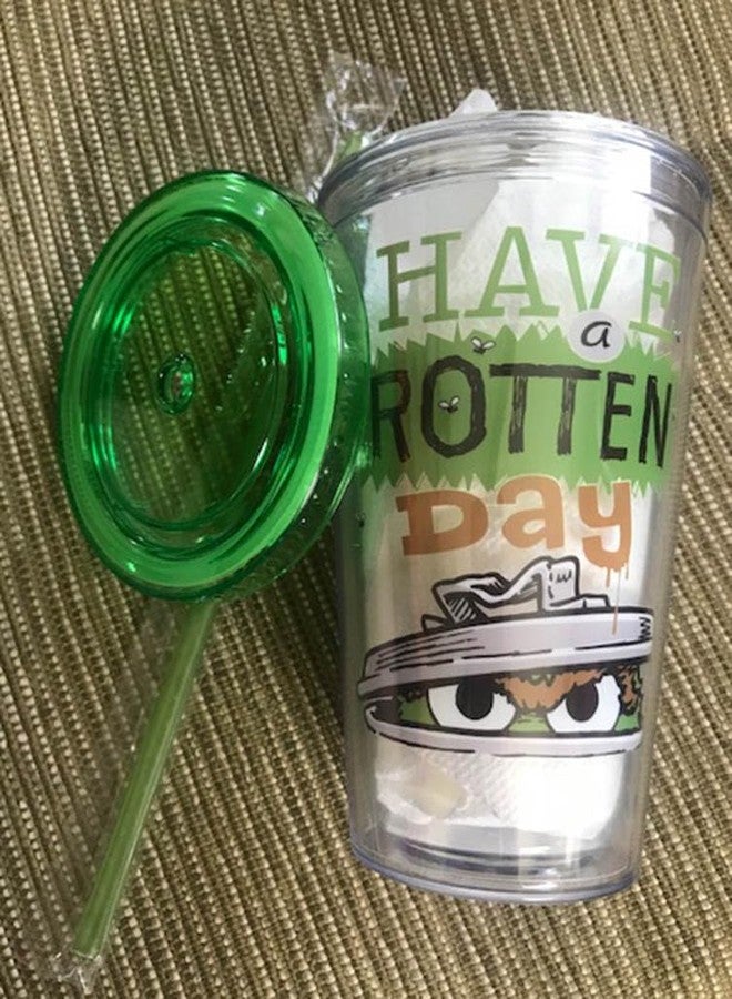 ICUP Oscar Have a Rotten Day Green Lid Plastic Cup with Straw, 16-Ounce, Clear - Image 2