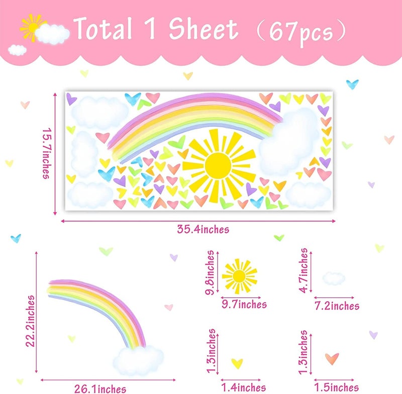 THEYGE Colorful Rainbow Wall Decals Sun Cloud Wall Decals Colorful Heart Wall Stickers Watercolor Yellow Sun Decal Large Rainbow Wall Stickers For Girls Room Kids Bedroom Nursery Decor - Image 5