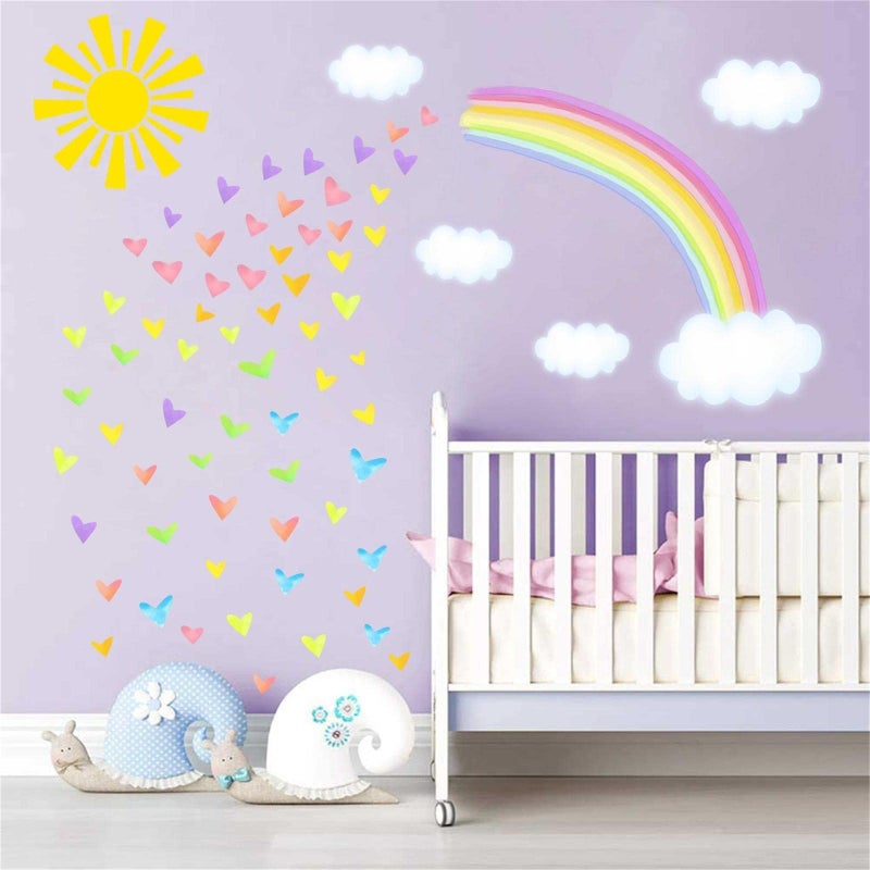 THEYGE Colorful Rainbow Wall Decals Sun Cloud Wall Decals Colorful Heart Wall Stickers Watercolor Yellow Sun Decal Large Rainbow Wall Stickers For Girls Room Kids Bedroom Nursery Decor - Image 4
