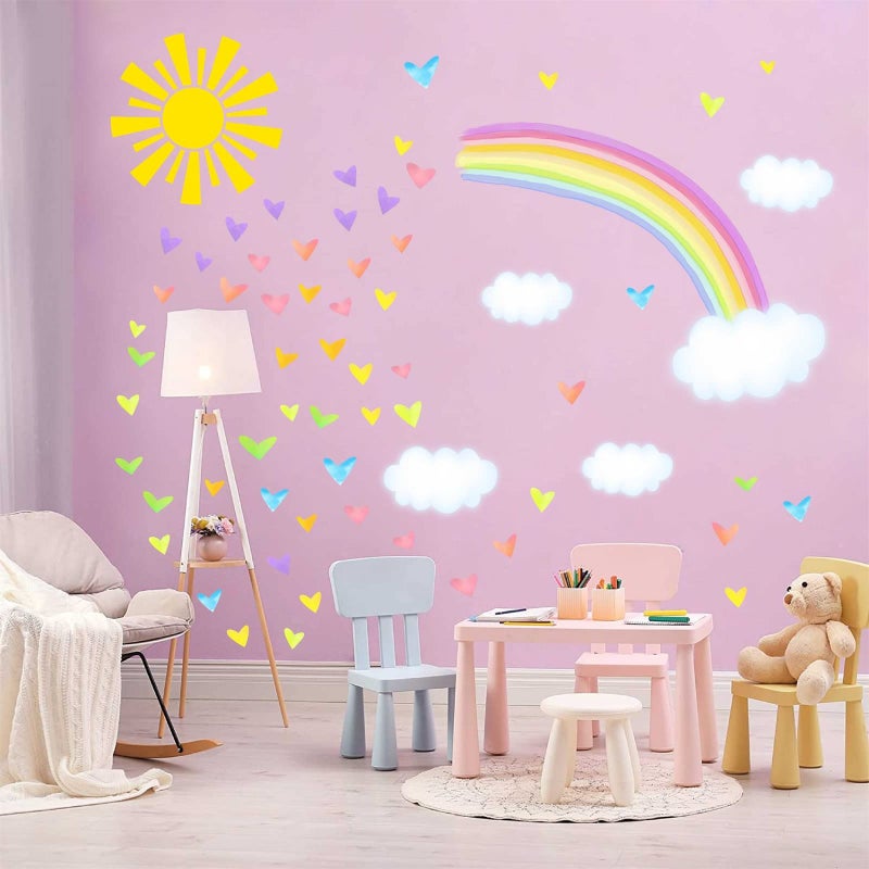 THEYGE Colorful Rainbow Wall Decals Sun Cloud Wall Decals Colorful Heart Wall Stickers Watercolor Yellow Sun Decal Large Rainbow Wall Stickers For Girls Room Kids Bedroom Nursery Decor - Image 1