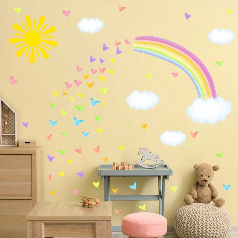 THEYGE Colorful Rainbow Wall Decals Sun Cloud Wall Decals Colorful Heart Wall Stickers Watercolor Yellow Sun Decal Large Rainbow Wall Stickers For Girls Room Kids Bedroom Nursery Decor - Image 3