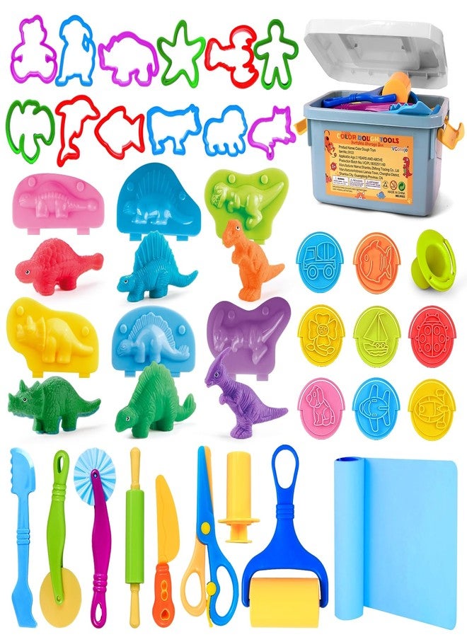 VConejo Dough Tools Play Sets for Kids, 37pcs Clay and Dough Accessories with Storage Container, Mat, Cutters, Rolling Pins, Safety Scissors, Stamps, Animal and 3D Dino Makers for Boys Girls - Image 1