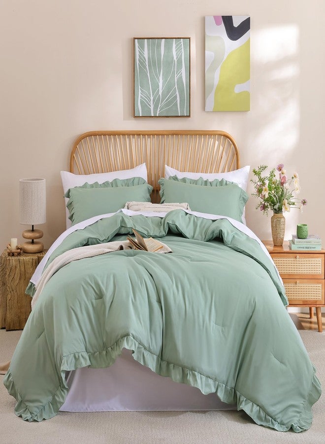 JANZAA King Size Comforter Set Sage Green Comforter Set 3PCS（1 Ruffled Comforter Set and 2 Pillowcases Fluffy Comforter Set Vintage Farmhouse Shabby Chic Bedding Soft All Season - Image 1