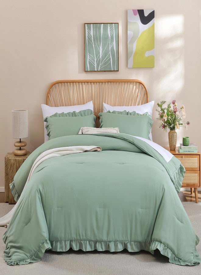 JANZAA King Size Comforter Set Sage Green Comforter Set 3PCS（1 Ruffled Comforter Set and 2 Pillowcases Fluffy Comforter Set Vintage Farmhouse Shabby Chic Bedding Soft All Season - Image 4