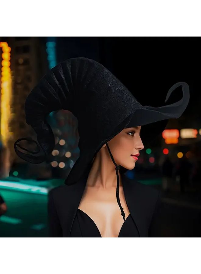 Large Black Witches Hat With Pleats Pointed Brim For Halloween Costume - Image 4