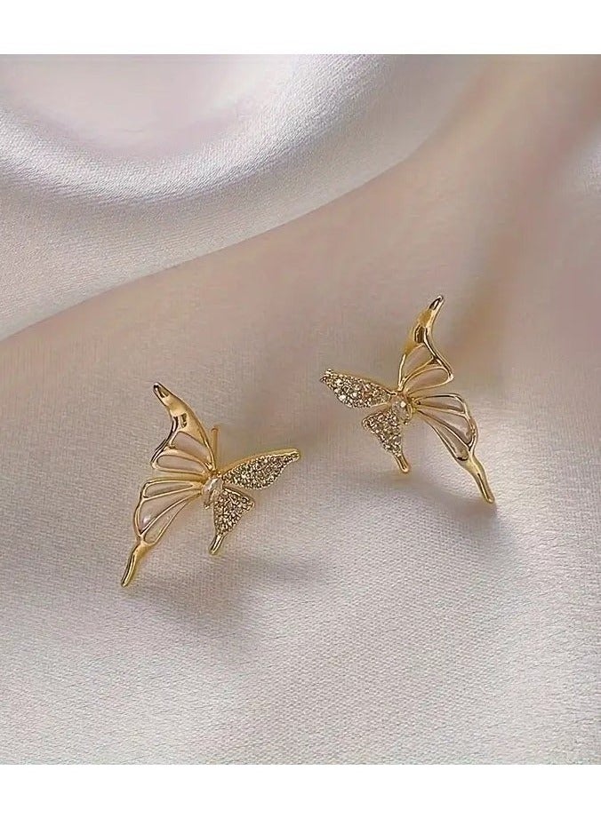 Butterfly Stud Earrings, Sweet Petite Wings With Rhinestones, Fashionable Simple Korean Style, Versatile Chic Trendy Accessory - Image 3