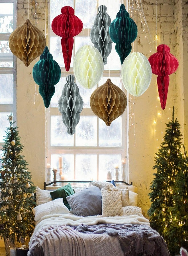 Watersay 10 Pcs Jumbo 10-14 Inch Christmas Honeycomb Paper Ornaments Hanging Xmas Honeycomb Balls Reusable Vintage Christmas Paper Lantern for Holiday Indoor Tree Party Decor(Classic Colors) - Image 5