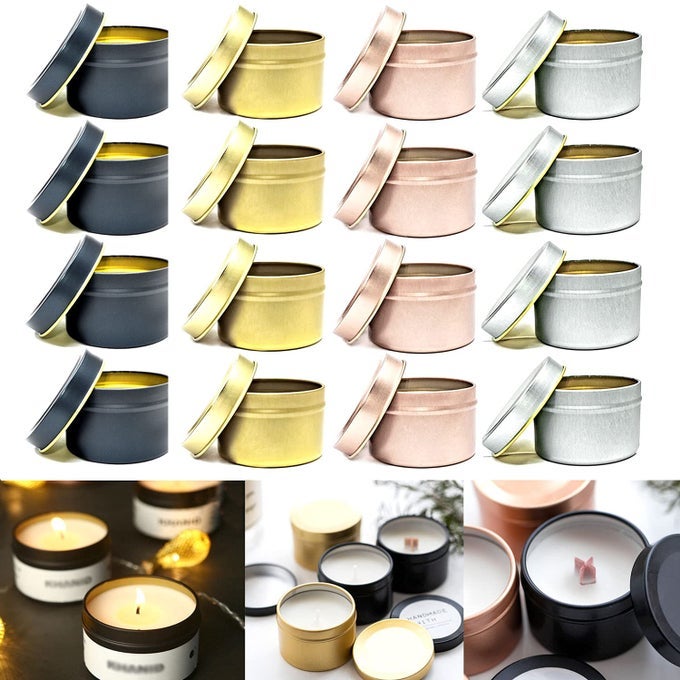 16PCS 4OZ CANDLE TINS FOR DIY CANDLE MAKING METAL ROUND CANDLE CONTAINERS FOR DIY CANDLE MAKING ARTS CRAFTS STORAGE AND HOLIDAY GIFTS BLACK GOLD ROSE GOLD SILVER CANDLE TINS