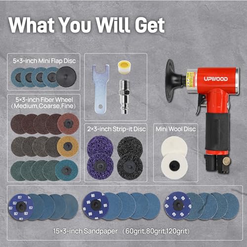 UPWOOD 3inch Air Sander Angle Grinder with Roll Lock Wheel Set, Pneumatic Polishing Tool with 41pcs 3-inch sanding discs - Image 3