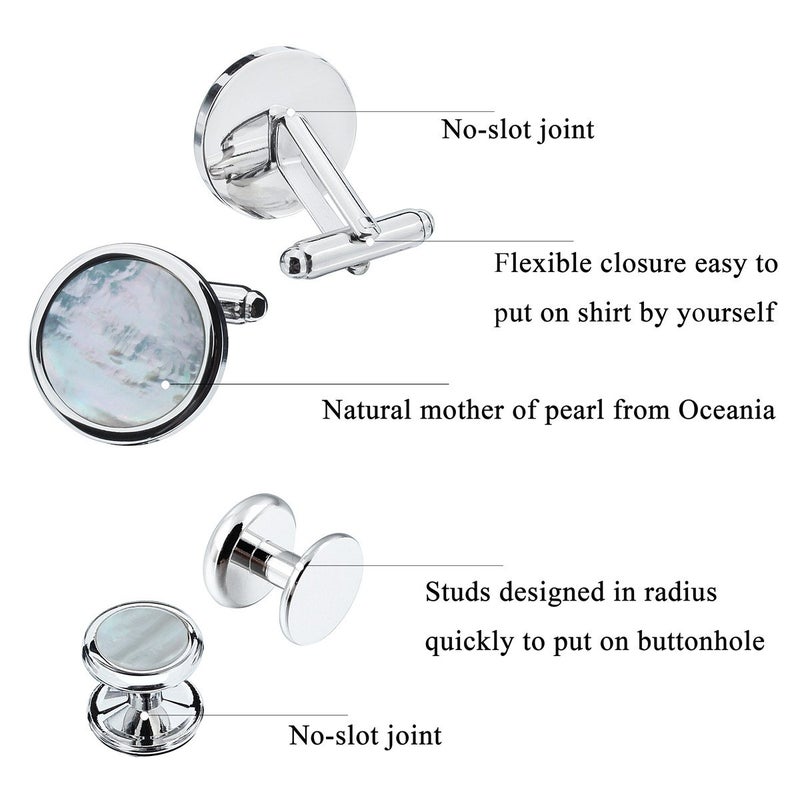 HAWSON Mother of Pearl Man Tuxedo Shirt Studs and Cufflinks Set for Wedding Business (Silver or Gold Tone) - Image 2