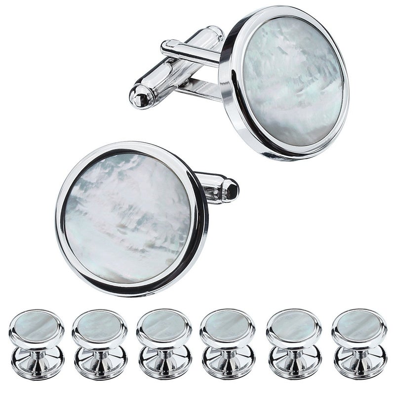HAWSON Mother of Pearl Man Tuxedo Shirt Studs and Cufflinks Set for Wedding Business (Silver or Gold Tone) - Image 1