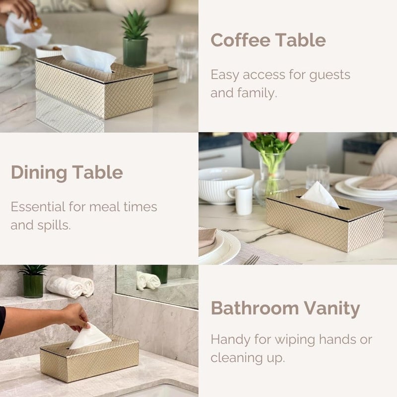 MASON HOME صندوق مناديل مضفر من جلد نباتي و MDF من ميسون - قطعة واحدة - الطول 10.5" × العرض 5.25" × الارتفاع 3.5" | حامل مناديل ورقية | علبة مناديل - موزع - منظم | المنزل - المكتب - الطاولة - السيارة (ذهبي) - Image 4