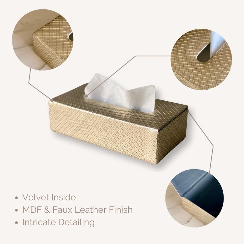 MASON HOME صندوق مناديل مضفر من جلد نباتي و MDF من ميسون - قطعة واحدة - الطول 10.5" × العرض 5.25" × الارتفاع 3.5" | حامل مناديل ورقية | علبة مناديل - موزع - منظم | المنزل - المكتب - الطاولة - السيارة (ذهبي) - Image 5
