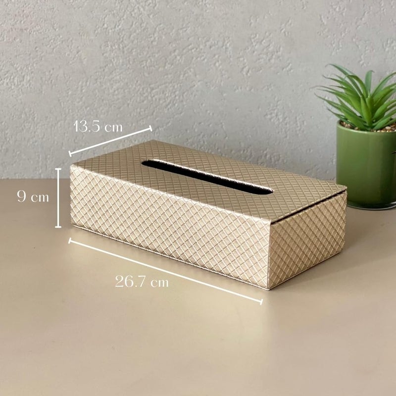 MASON HOME صندوق مناديل مضفر من جلد نباتي و MDF من ميسون - قطعة واحدة - الطول 10.5" × العرض 5.25" × الارتفاع 3.5" | حامل مناديل ورقية | علبة مناديل - موزع - منظم | المنزل - المكتب - الطاولة - السيارة (ذهبي) - Image 3