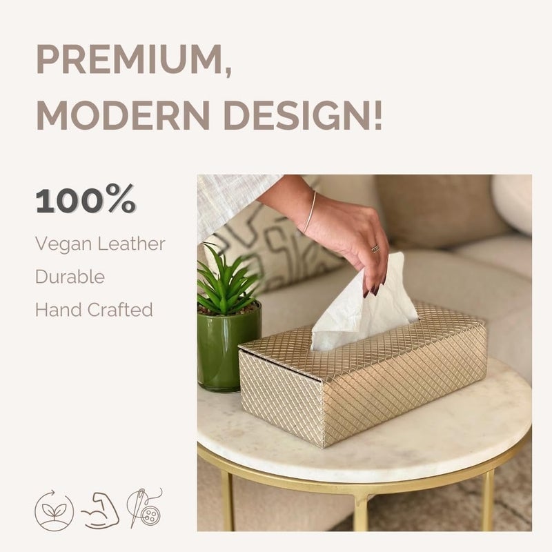 MASON HOME صندوق مناديل مضفر من جلد نباتي و MDF من ميسون - قطعة واحدة - الطول 10.5" × العرض 5.25" × الارتفاع 3.5" | حامل مناديل ورقية | علبة مناديل - موزع - منظم | المنزل - المكتب - الطاولة - السيارة (ذهبي) - Image 2